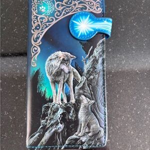 Lisa Park Wolf Art Leather Wallet with Blue Accents